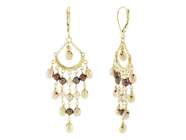 Aros Chandelier con Perlas Champagne en Oro Amarillo 14k