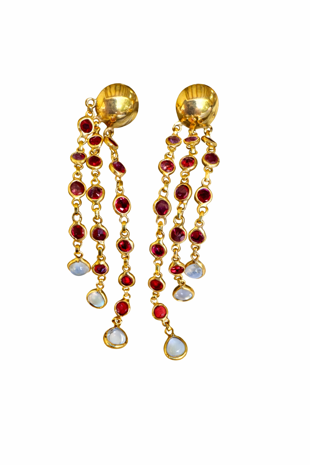 Aros Colgantes en Oro Amarillo 18k con Rubi y Piedra Luna Arcoiris