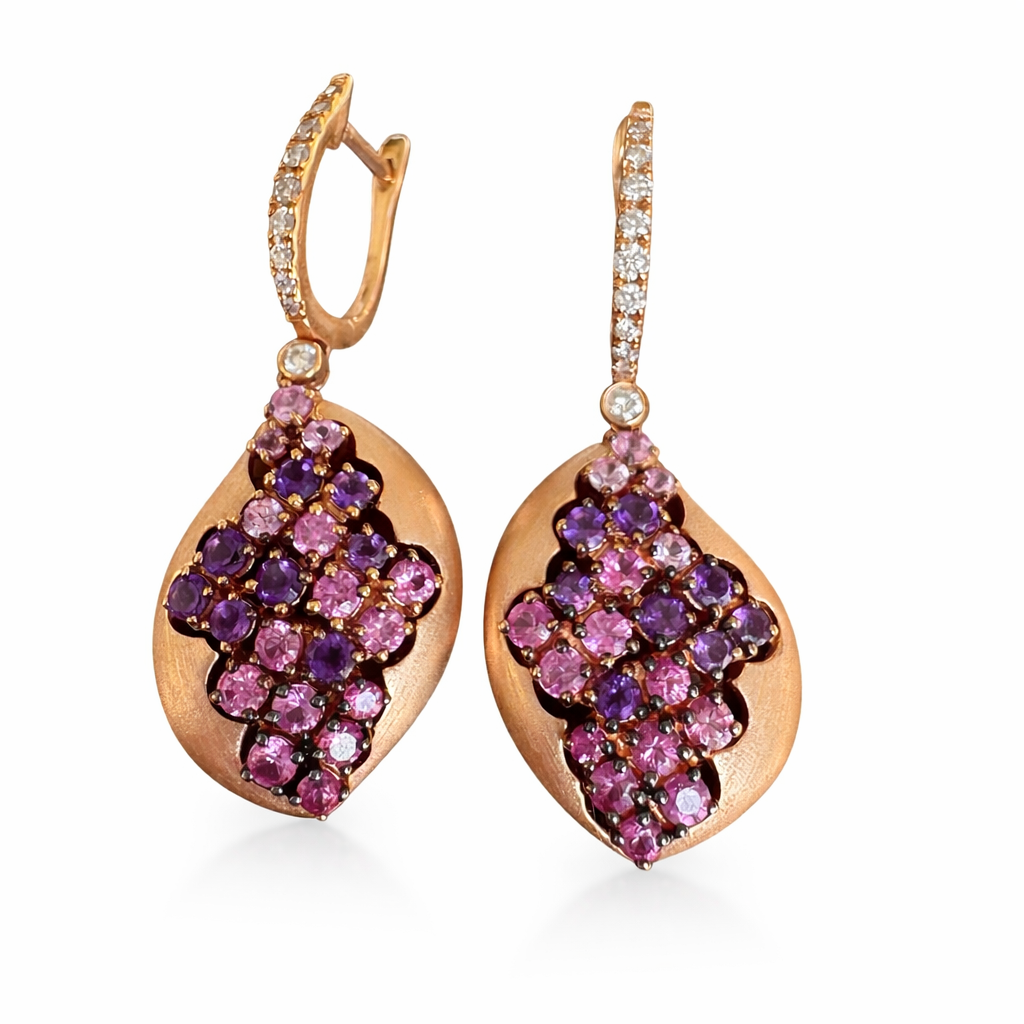 Aros de Oro Rosado 18k con diamantes, amatista y zafiros rosados