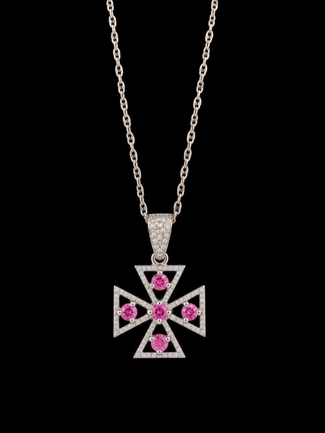 Collar de Oro Blanco 14k con Cruz en Diamante y rubí