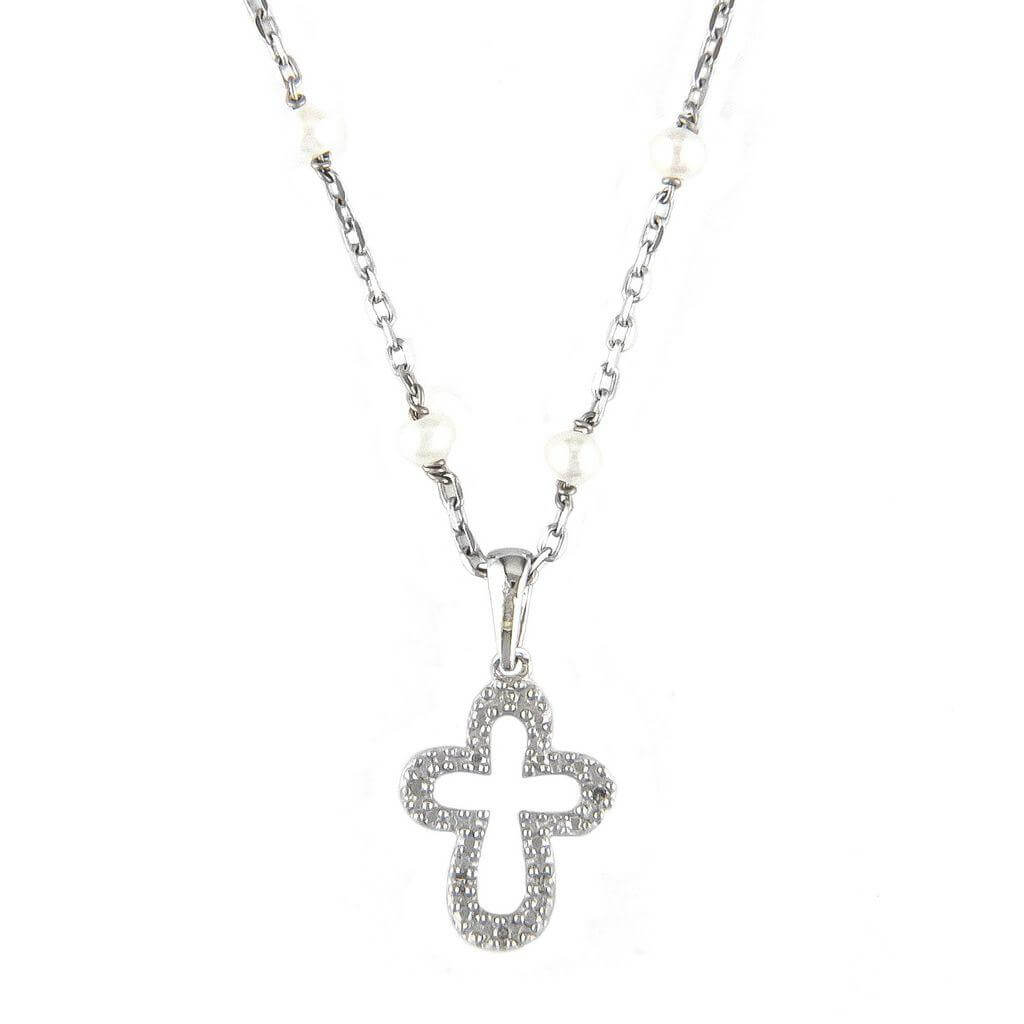 Collar de Plata Rodinada con Perlas Naturales y Cruz Detallada