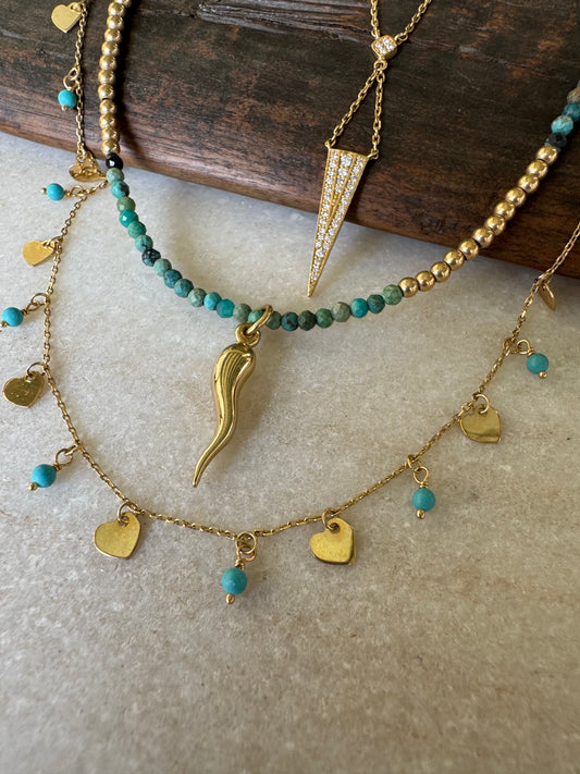 Collar Oro 14k con Corazones y Turquesas