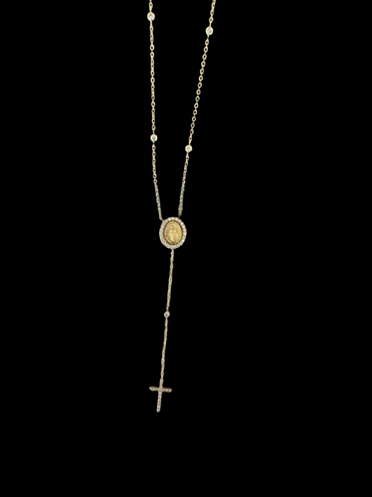Collar Lariat de Oro 14k Virgen de los Rayos Rodeada de Diamantes