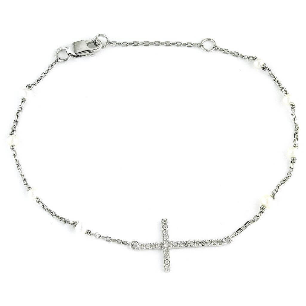Pulsera en Plata Rodinada con Cruz y Perlas Naturales