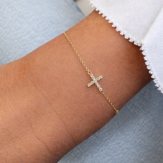 Pulsera de Oro Amarillo 14k con cruz de brillantes