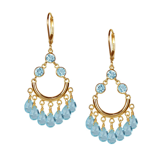 Aros Huggie Chandelier de Oro 14k con Topacio Azul - Liviano para todos los días
