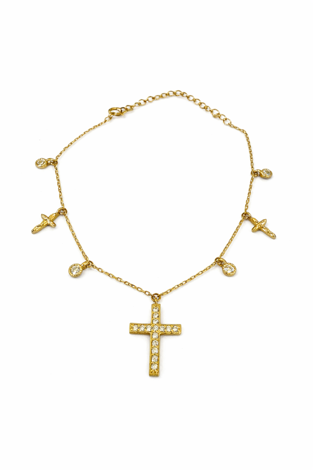 Pulsera en Oro Amarillo 14k con cruz central y diges con circones