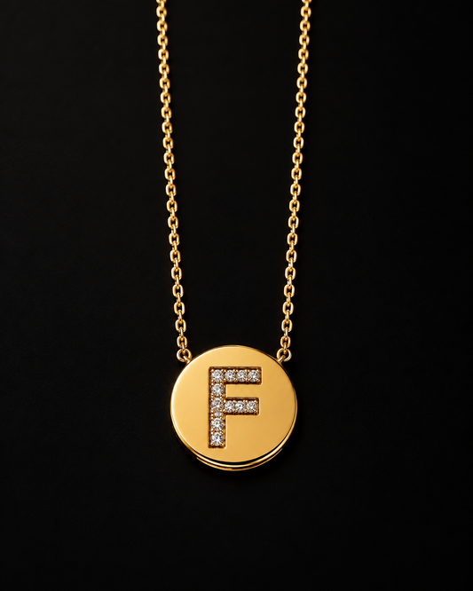 Collar de Oro 14k con círculo con letra F de brillantes