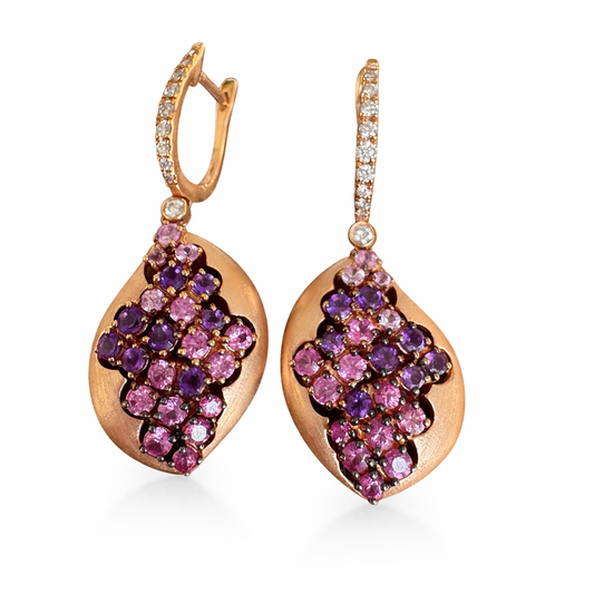 Aros de Oro Rosado 18k con diamantes, amatista y zafiros rosados