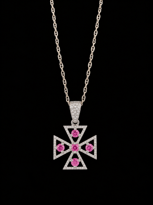 Collar de Oro Blanco 14k con Cruz en Diamante y rubí