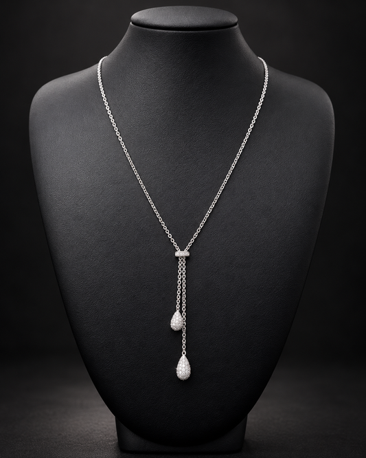 Collar de  Plata Rodinada con 2 gotas Pavé de brillantes