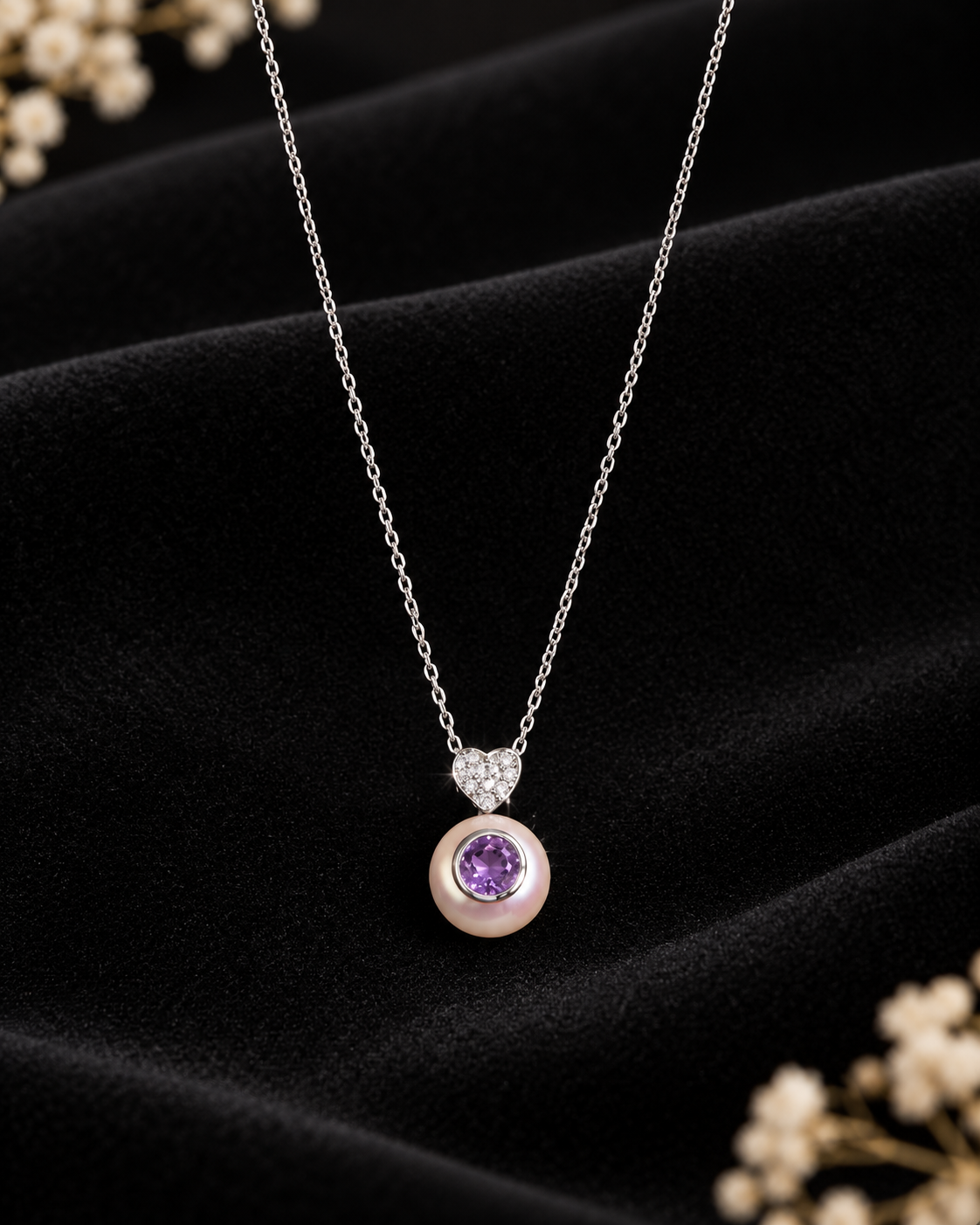 Collar de Oro Blanco 14k con perla con amatista y un corazón de brillantes