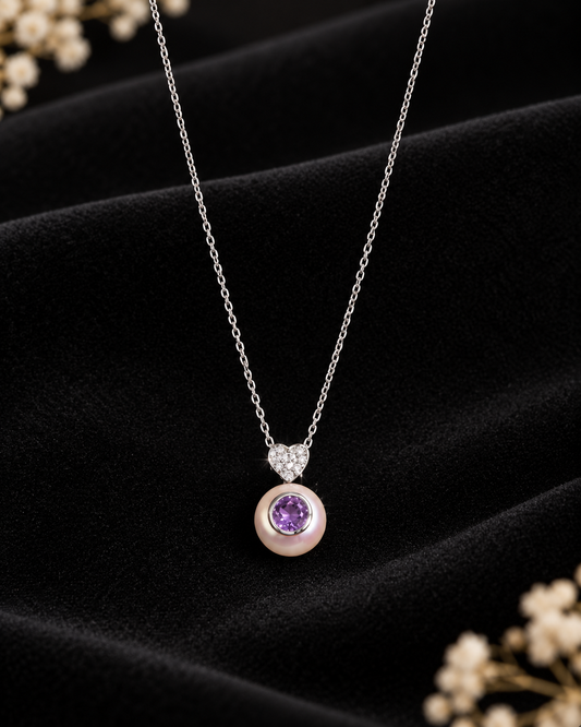 Collar de Oro Blanco 14k con perla con amatista y un corazón de brillantes