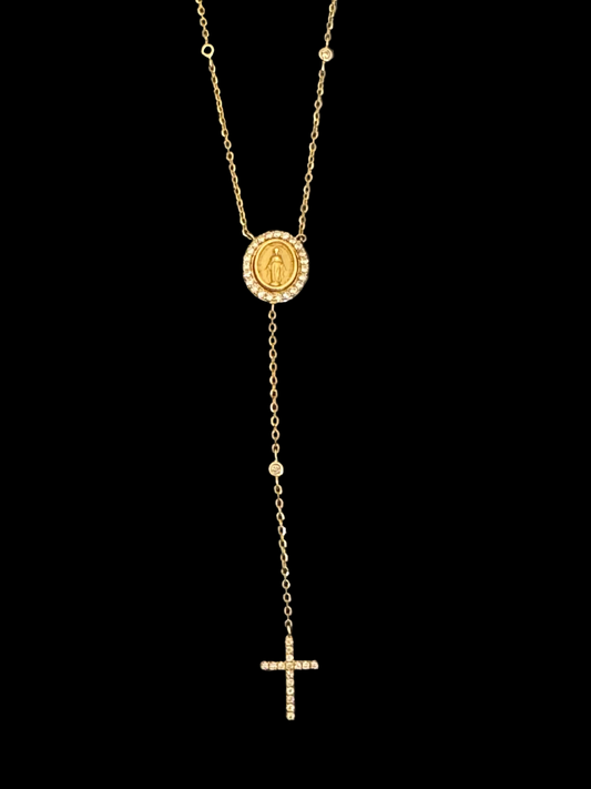 Collar Lariat de Oro 14k Virgen de los Rayos Rodeada de Diamantes