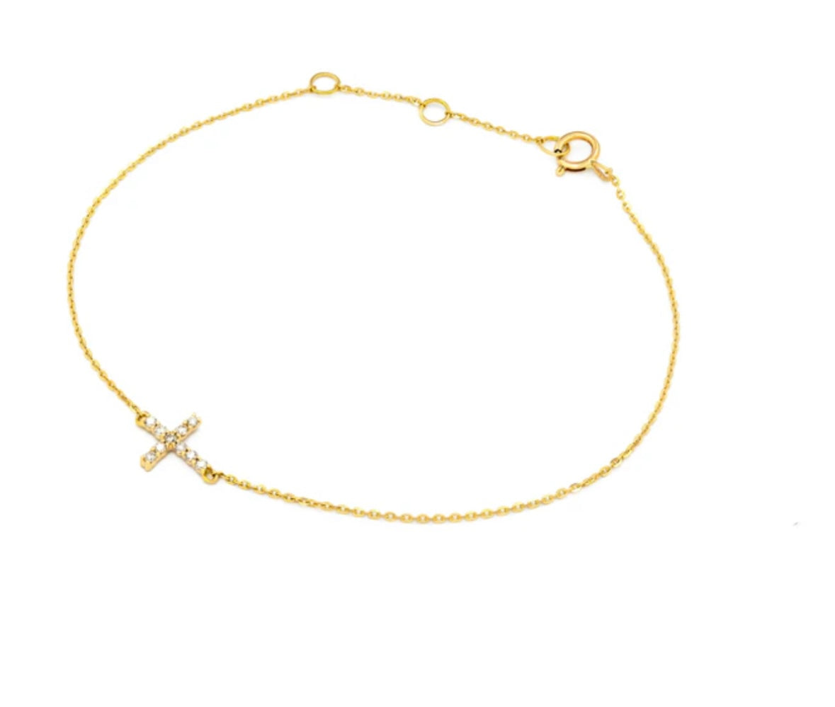 Pulsera de Oro Amarillo 14k con cruz de brillantes