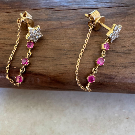 Aros oro amarillo14k Diamantes y rubí