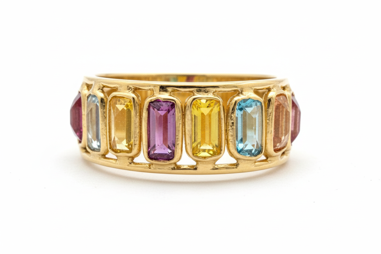 Anillo Sinfín Oro Amarillo 18k con Mix de Piedras Baguette