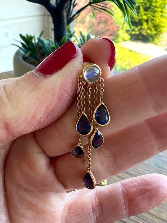 Aros Colgantes Oro 18k con Iolitas y Piedra Luna