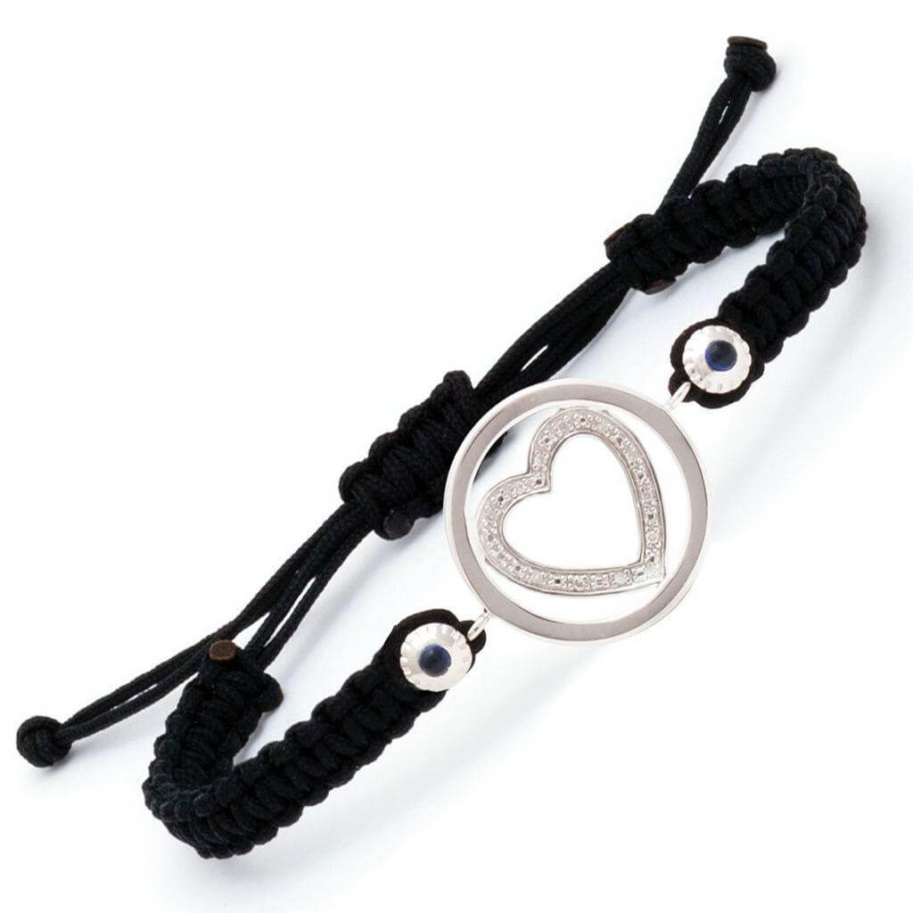 Pulsera Macramé Plata Rodinada Corazón de Brillantes y Zafiros
